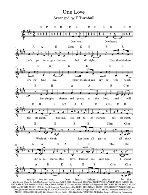 One Love (people Get Ready) (Arr. F Turnbull) - Bob Marley (Piano-Vocal-Guitar (Piano Accompaniment))