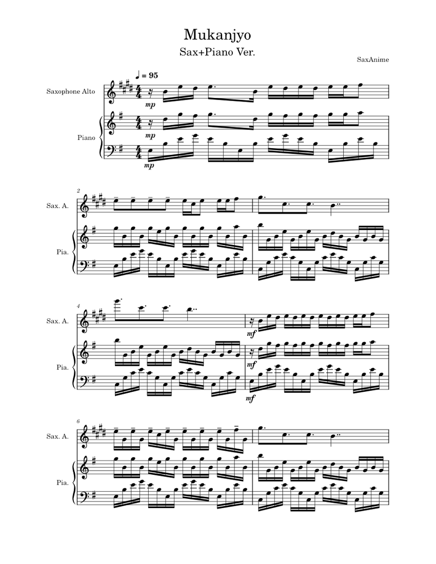 Mukanjyo Sax/Piano - Vinland Saga OP1 Sheet Music for Piano