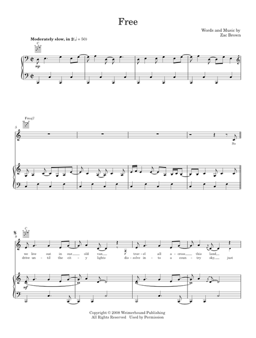Free - Zac Brown Band (Piano-Vocal-Guitar)
