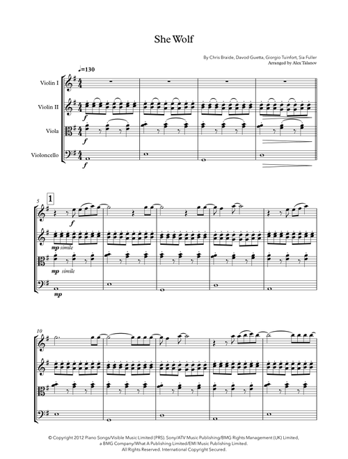 She Wolf (Falling To Pieces) (Arr. Alex Talanov) - Ameritz Tribute (String Quartet)
