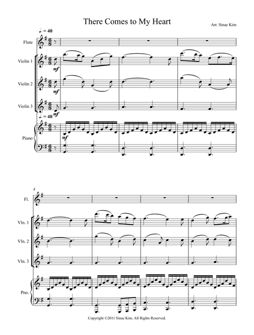 There Comes to My Heart for Flute and 3 Violins (Arr. Sinae Kim) - Peter P. Bilhorn (Instrumental Duet and Piano)