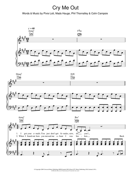 Cry Me Out - Pixie Lott (Piano-Vocal-Guitar (Piano Accompaniment))