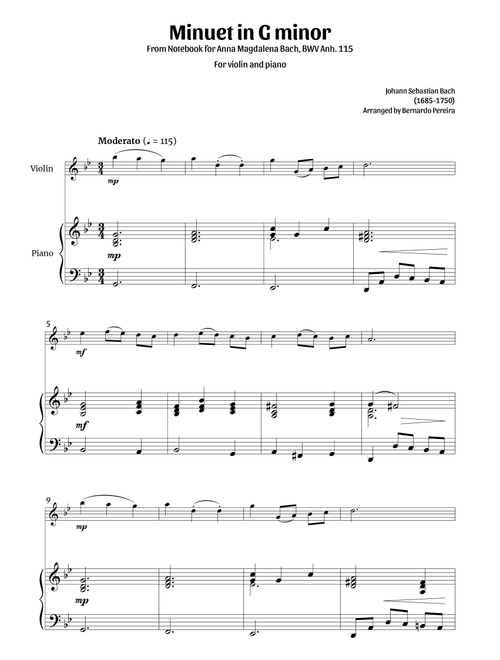 Minuet in G minor (violin and piano – clean sheet music) (Arr. Bernardo Pereira) - Johann Sebastian Bach (Violin and Piano)