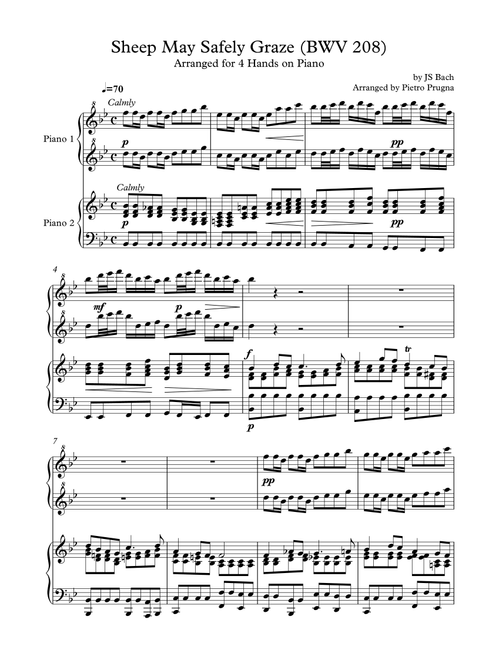 Sheep May Safely Graze (BWV 208) by JS Bach - arranged for Piano Duet (Arr. Pietro Prugna) (Piano Duet)