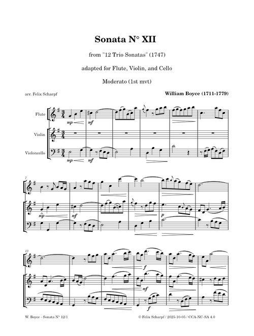 Trio Sonata No. 12 – (Moderato 1st mvt) William Boyce - arr. for Flute, Violin, and Cello