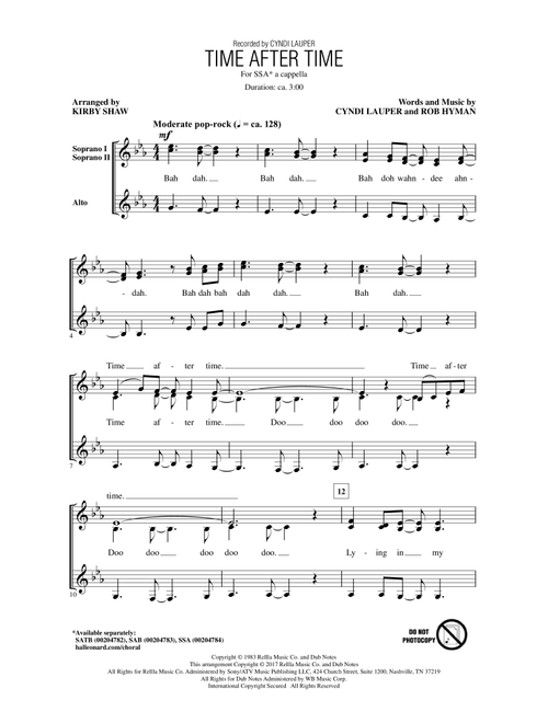 Time After Time (arr. Kirby Shaw) - Inoj, Cyndi Lauper, Cyndi Lauper featuring Sarah McLachlan (Choral, SSA)
