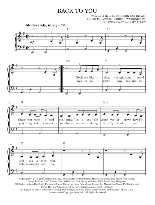 Back to you - Selena Gomez (Easy Piano)