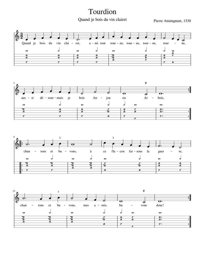 Tourdion Quand Je Bois Du Vin Clairet Sheet Music And Tab With Chords tourdion-quand-je-bois-du-vin-clairet-sheet-music-and-tab-with-chords