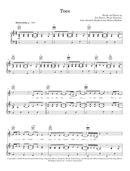 Toes - Zac Brown Band (Piano-Vocal-Guitar)