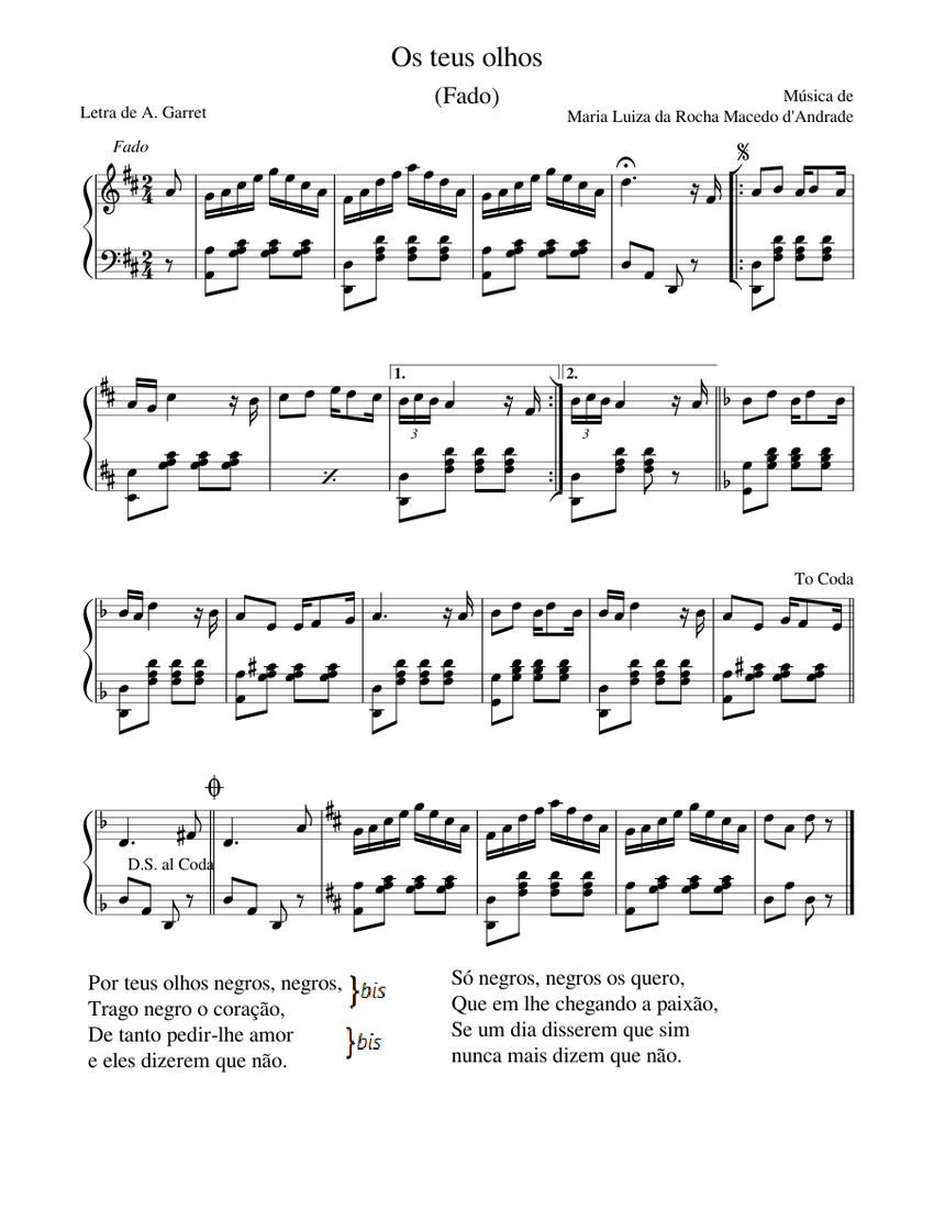 Fado Os teus olhos - Maria Luiza d'Andrade Sheet Music for Piano (Solo)  easy | MuseScore.com, image size:850x1100