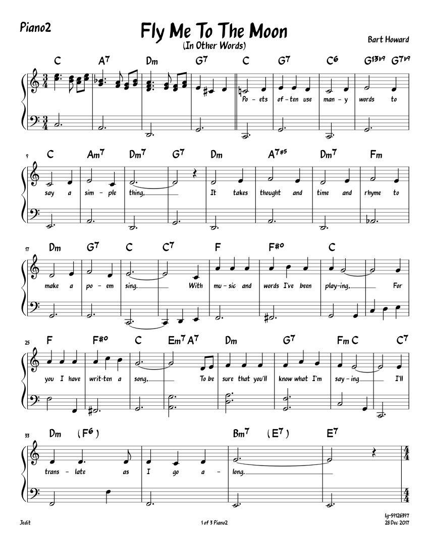 Fly Me To The Moon-Lyrics Sheet Music with Chords for Piano (Solo