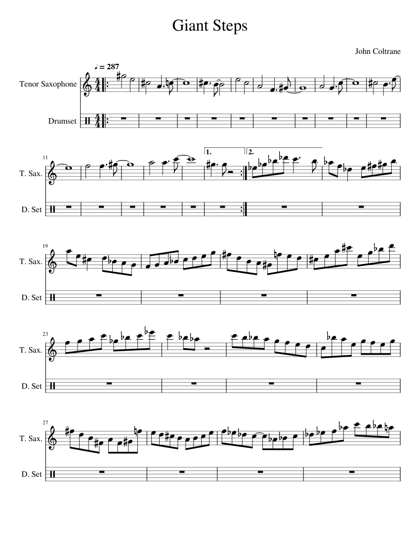 entire giant steps solo for piano Sheet music for Saxophone tenor, Drum