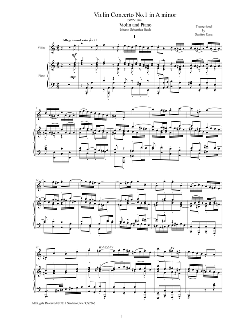 Bach - Violin Concerto No.1 in A minor BWV 1041 for Violin and Piano (Arr. Santino Cara) - Bach Johann Sebastian (Violin and Piano)