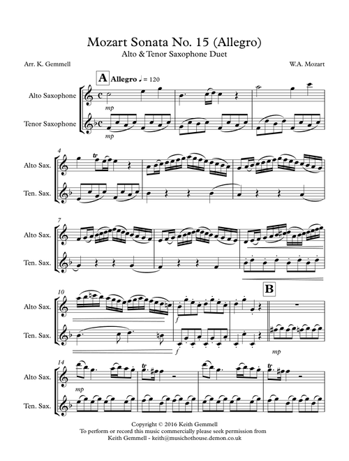 Mozart Sonata No.15 (Allegro): Alto & Tenor Saxophone Duet (Arr. Keith Gemmell) - W.A. Mozart (Instrumental Duet)