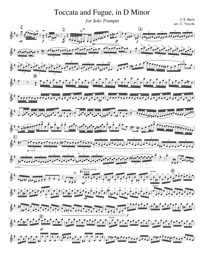Toccata and Fugue, in D Minor Sheet Music for Trumpet in b-flat (Solo ...