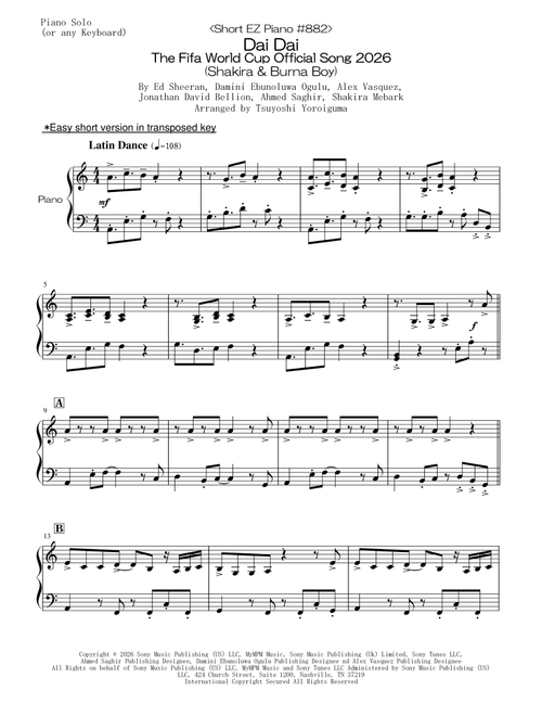 Dai Dai (Arr. Tsuyoshi Yoroiguma) - Shakira & Burna Boy (Easy Piano)
