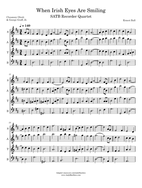 When Irish Eyes Are Smiling SATB Recorder Quartet – Ernest R Ball