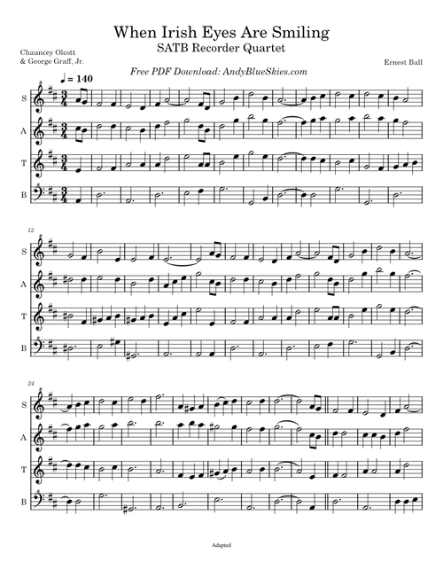 When Irish Eyes Are Smiling SATB Recorder Quartet – Ernest R Ball