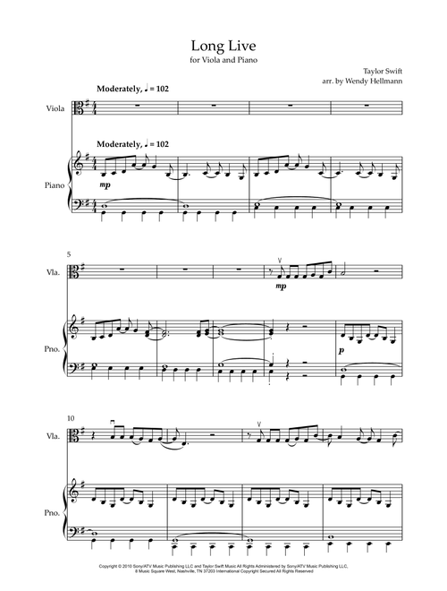 Long Live (Arr. Wendy Hellmann) - Taylor Swift (Viola and Piano)