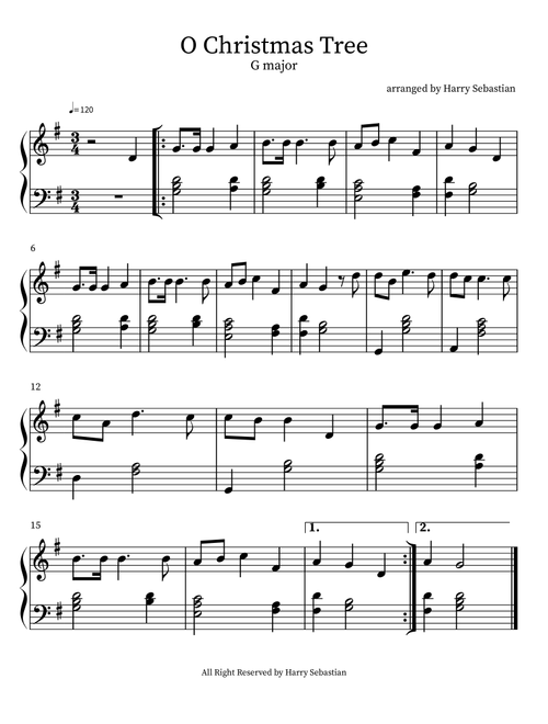 O Christmas Tree(O Tannenbaum) in G major (Arr. Harry Sebastian) (Piano Vocal)