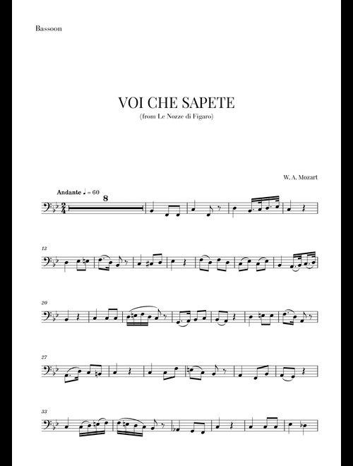 Mozart - Voi Che Sapete (for Bassoon) (Arr. Cadenza Editions) - Wolfgand Amadeus Mozart (Bassoon Solo)