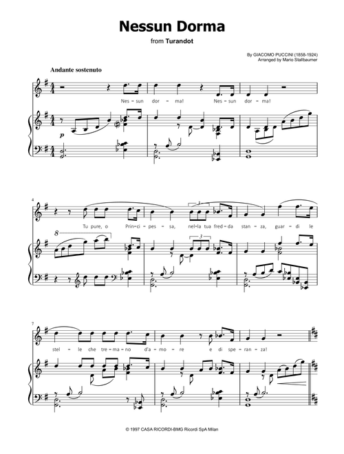 Nessun Dorma (Arr. Mario Stallbaumer) - Luciano Pavarotti (Piano Vocal)