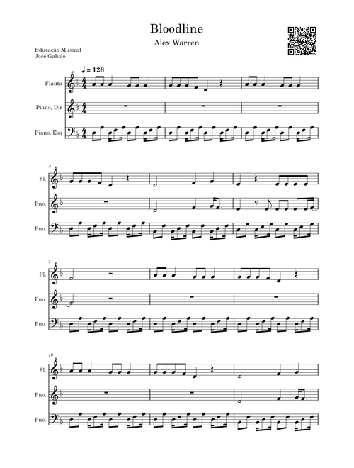 Bloodline – Alex Warren - Partitura Piano e Flauta - Educação Musical José Galvão