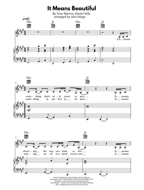 It Means Beautiful (Arr. Arranger by Alex Diego) - Dan Gillespie Sells (Piano-Vocal-Guitar (Piano Accompaniment))