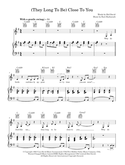 (They Long To Be) Close To You - Carpenters (Piano-Vocal-Guitar (Piano Accompaniment))
