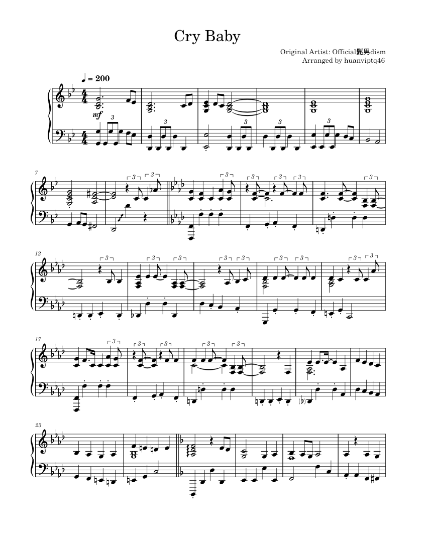 Cry Baby – Official HIGE DANdism [Tokyo Revengers OP] [Full] Sheet music  for Piano (Solo) | Musescore.com