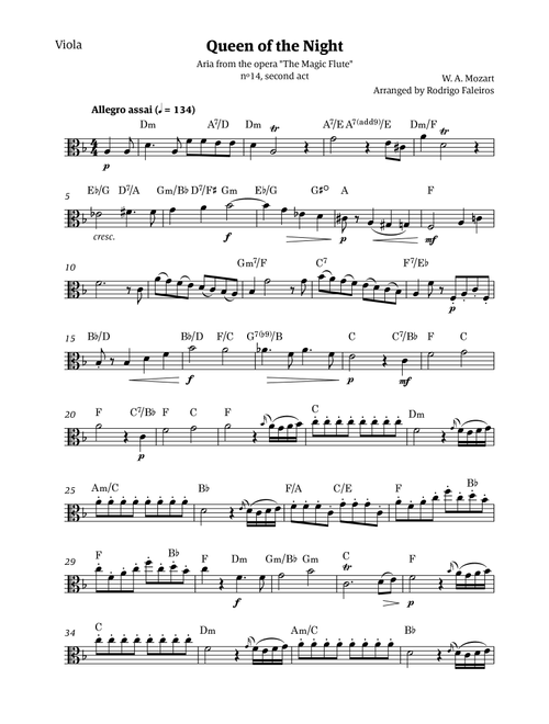 Queen of the Night - for solo viola (with chords) (Arr. Rodrigo Faleiros) - Mozart, W A Mozart (Viola Solo)