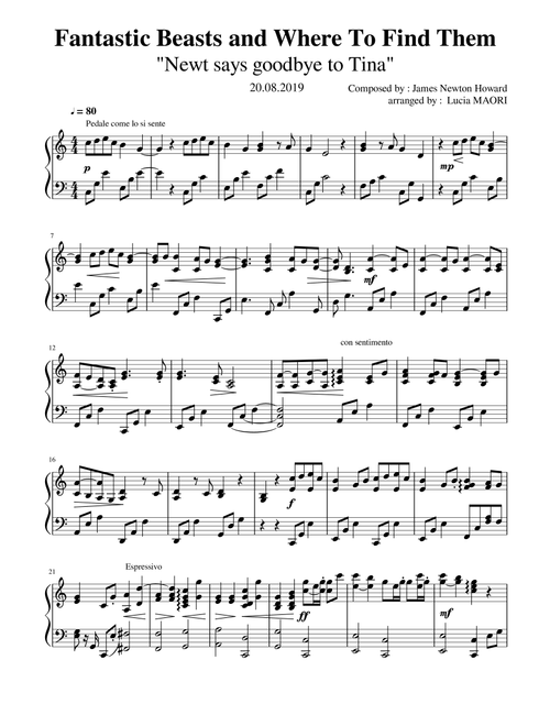 Fantastic Beasts and Where To Find Them - "Newt says goodbye to Tina" (Arr. Lucia Maori) - James Newton Howard (Piano Solo)