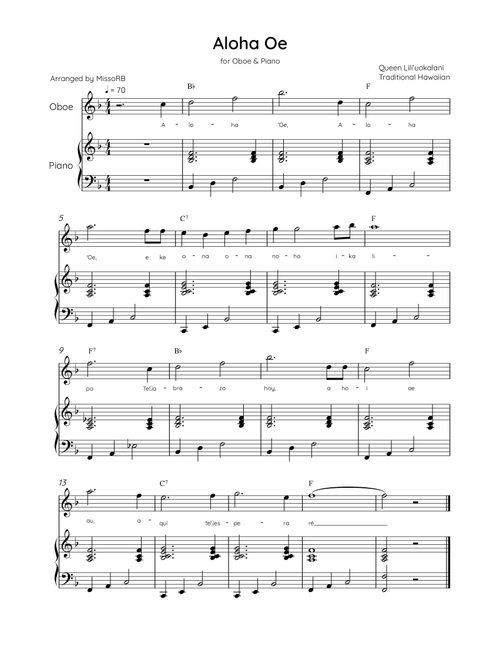 Aloha Oe - Oboe & Piano in F Major Easy With Lyrics & Chords (Arr. MissoRB) - Queen Liliʻuokalani (Oboe and Piano)