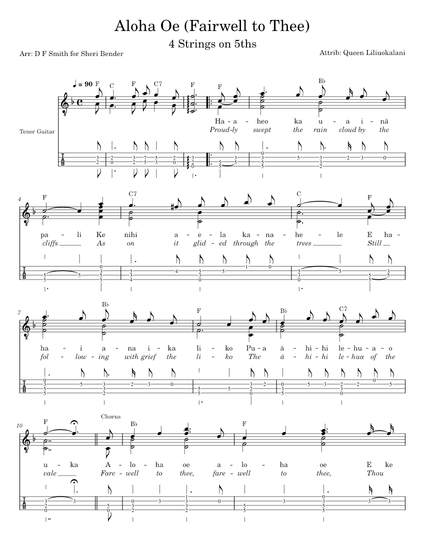 Aloha 'Oe – Liliuokalani Sheet Music for Guitar (Solo