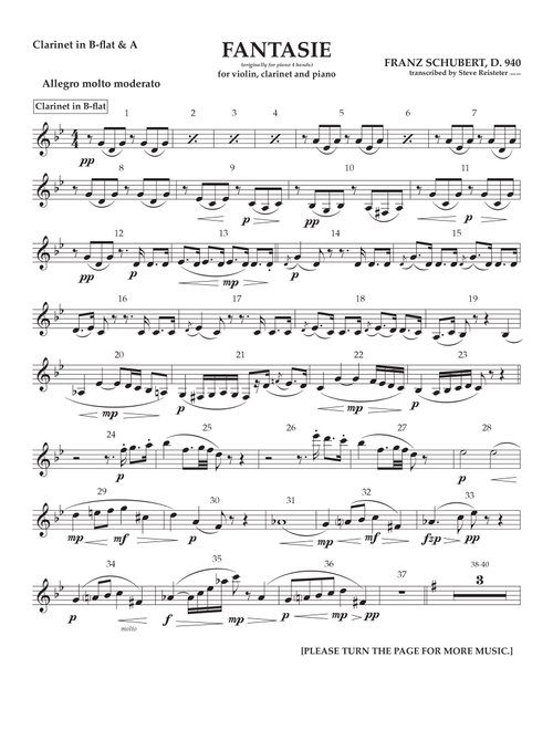 Franz Schubert:  Fantasie D. 940 arranged for Violin, Clarinet and Piano (Arr. Steve Reisteter) (Small Ensemble)