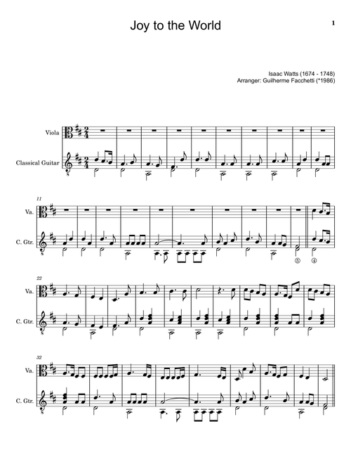 Joy to the World Viola and Classical Guitar (Score and Parts) (Arr. Guilherme Facchetti) - Isaac Watts (Instrumental Duet)