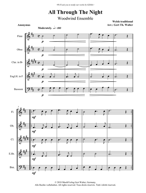 All Through The Night (Arr. Gert Th. Walter) - Welsh Traditional (Woodwind Ensemble)