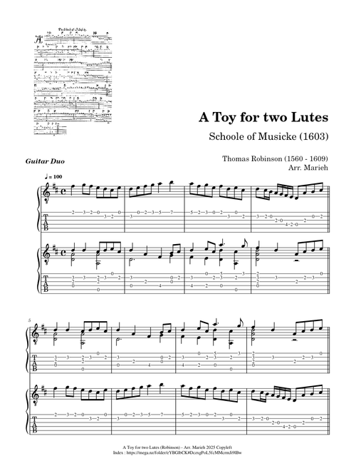 A Toy for two Lutes – Thomas Robinson (1560 - 1609) - Tab