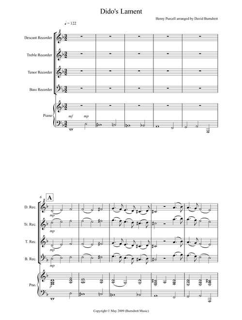 Dido's Lament for Recorder and Piano (Arr. David Burndrett) - Henry Purcell (Small Ensemble)