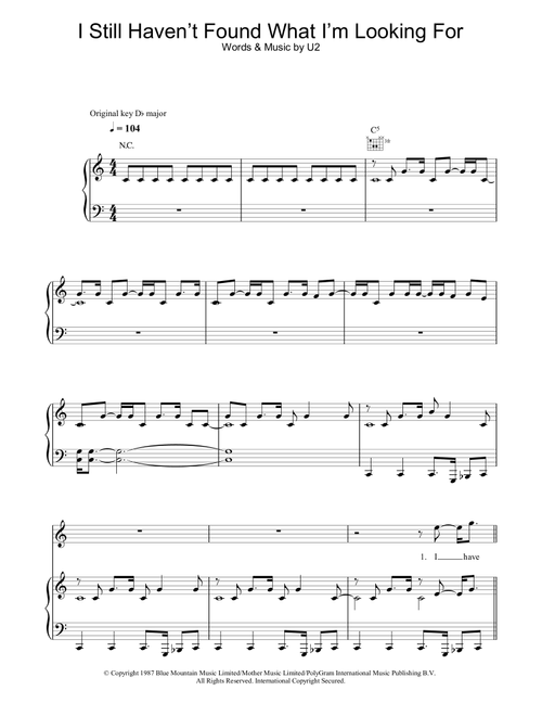 I Still Haven't Found What I'm Looking For - U2 (Piano-Vocal-Guitar (Piano Accompaniment))