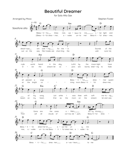 Beautiful Dreamer - Solo Alto Sax in Bb Major Easy - Lyrics & Chords (Version Tom Roush) (Arr. Misso) (Alto Sax Solo)