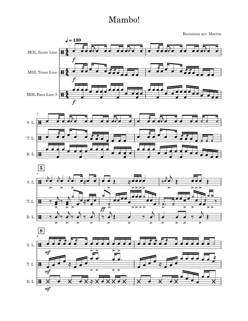 Mambo sheet music for snare drum tenor drum bass drum percussion