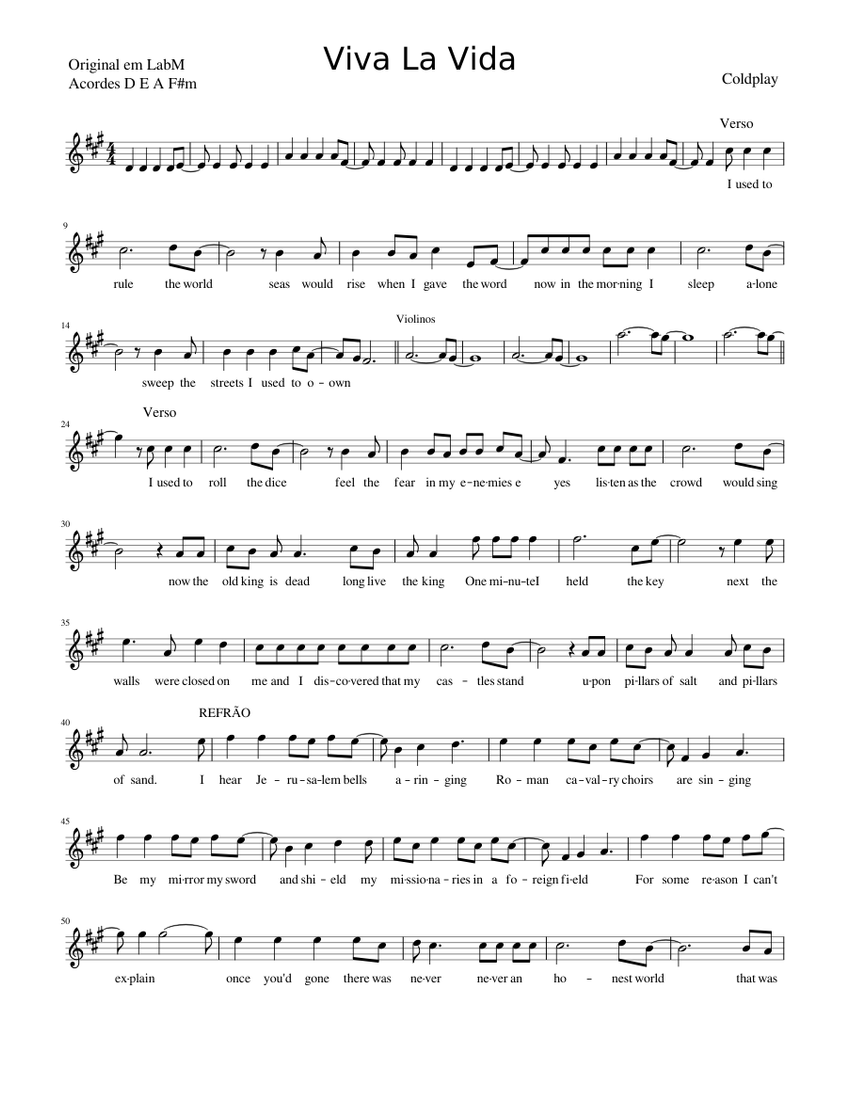 Viva la Vida – Coldplay Viva La Vida Coldplay Sheet Music for Violin ...