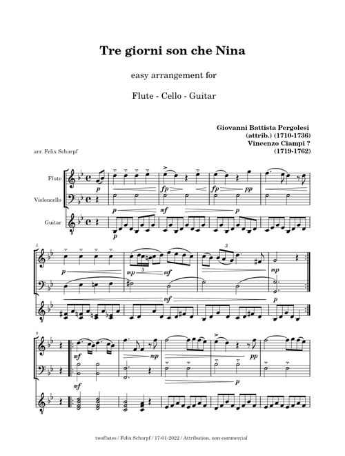 Giovanni Battista Pergolesi - Tre giorni son che Nina - easy arr. For Flute, Cello, Guitar