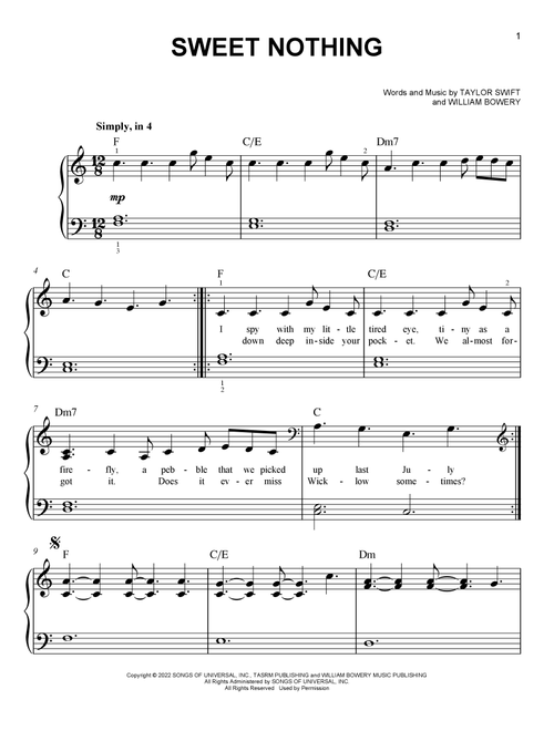 Sweet Nothing - Taylor Swift (Easy Piano)