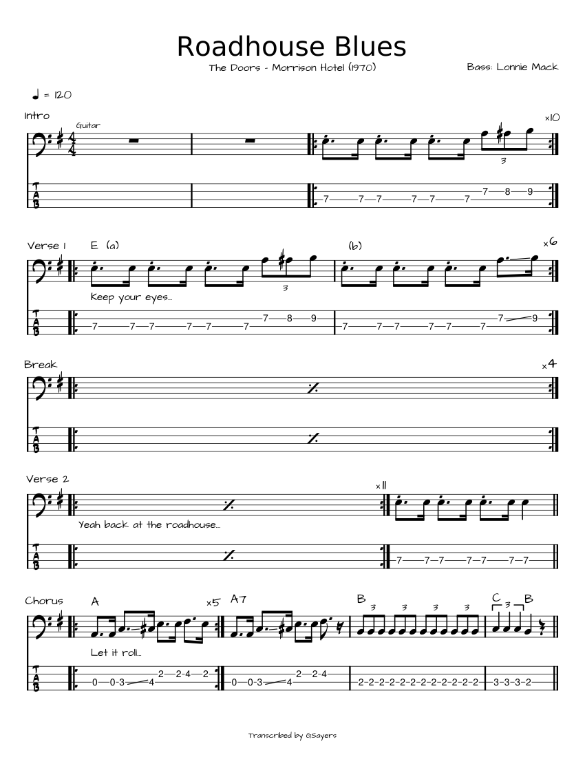 Doors Roadhouse Blues Bass Sheet music for Bass guitar (Solo