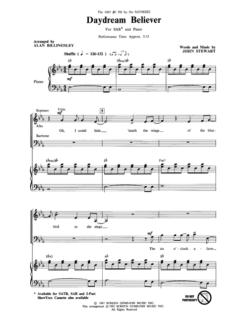 Daydream Believer (arr. Alan Billingsley) - The Monkees (Choral, SAB)