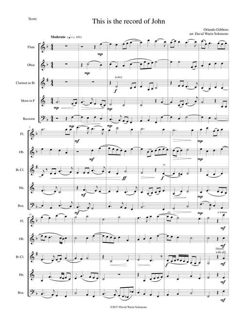 This is the record of John for wind quintet (Arr. David Warin Solomons) - Orlando Gibbons (Woodwind Ensemble)