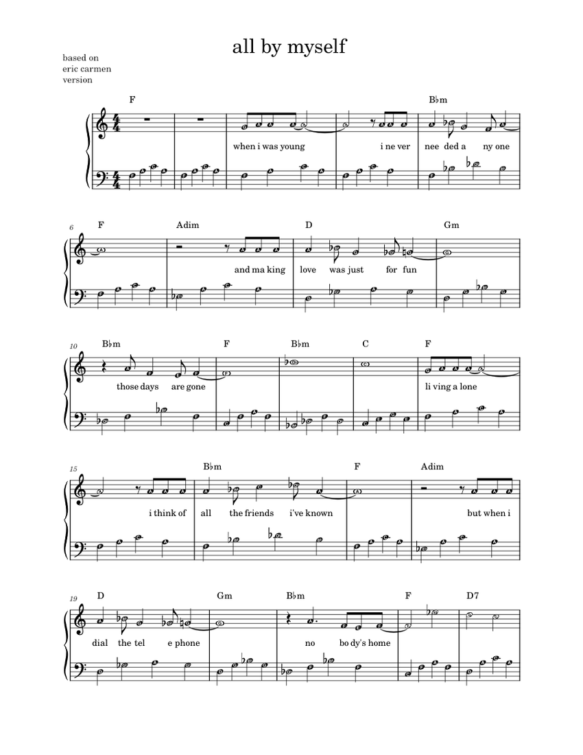 All by myself – Eric Carmen Sheet Music with Chords for Piano