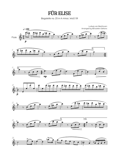 Beethoven • Für Elise / Pour Elise • flute sheet music (Arr. Benzaiten Editions) - Ludwig Van Beethoven (Flute Solo)